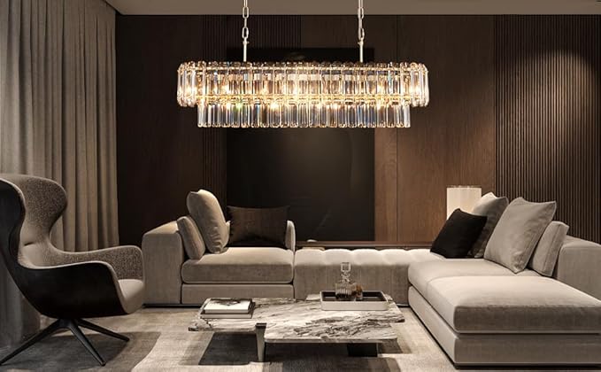 L35.4in Gold Crystal Chandeliers 14-Light Modern Chandeliers for Dining Room Rectangle Luxury Pendant Light Fixture for Kitchen Island,Entryway,Living Room