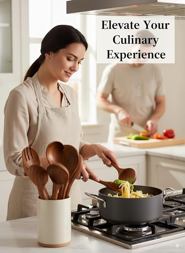 100% Natural Teak Wood Wooden Utensil Set – Non-Stick & Heat Resistant – 8 Pcs Durable Kitchen Spoons for Cooking, Eco-Friendly & Comfortable Grip