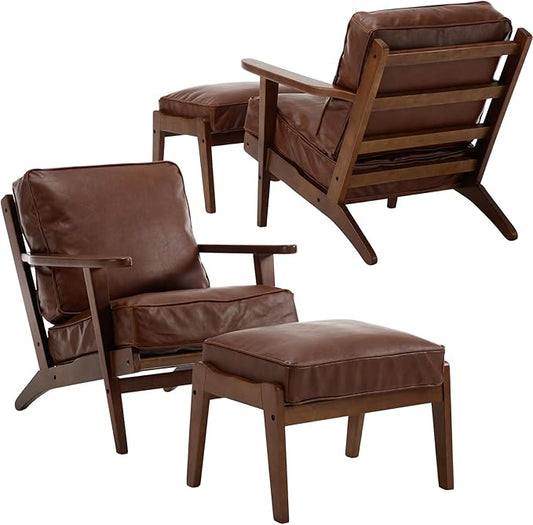 Living Room Accent Chairs Set of 2 Mid Century Modern Reading Arm Chair with Ottoman, PU Leather Bedroom Chair with Soild Wood Frame, Elegant Upholstered Side Chair, Brown-PU