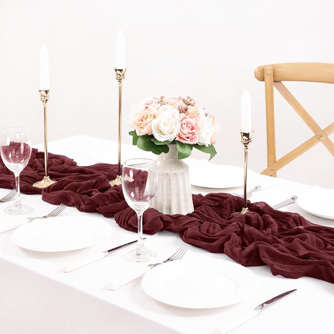 MLMC 3 Pack Burgundy Red Table Runner 10ft Rustic Gauze Wine Red Cheese Cloth Table Runner 35x120 Inches Cheesecloth Centerpiece for Wedding Bridal Shower Anniversary Events Fall Halloween Decor