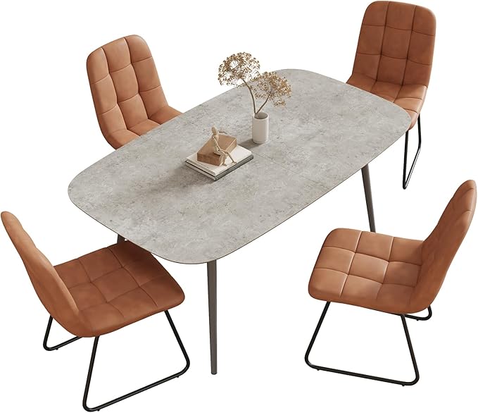 55.1'' Dining Table Set for 4,Modern Wood Dining Table,Leather Dining Chairs 4,Table and Chairs Set of 4,Ideal for Kitchen Dining Room (Gray Table + 4 U-Shaped Brown Chairs, 55.1")