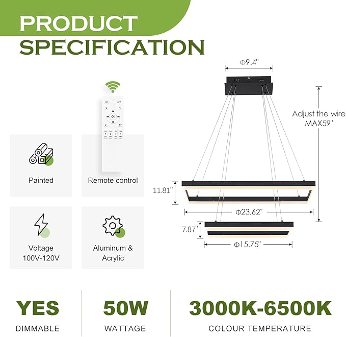 2 Rings Modern LED Chandelier Black 23.6inch Rectangle Dimmable LED Pendant Light with Remote Control 2 Tier Flush Mount High Ceiling Light for Dining Living Room Foyer(3000K-6500K, H59)