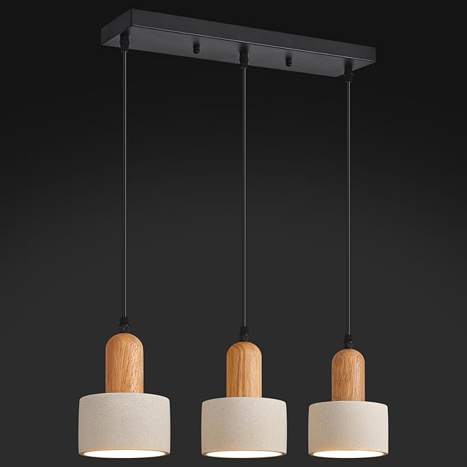 Modern Cement Pendant Lights White Chandelier Wooden Ceiling Lamps for Kitchen Island Bedroom Dining Room Living Room bar（3-Light）