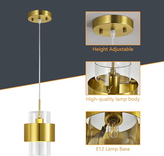 Modern Gold Pendant Lighting Indoor Kitchen Island Pendant Light Glass Shade Ceiling Light Fixtures for Bedroom Dining Room Living Room(1Pack)