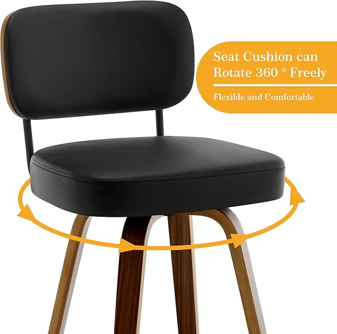 Swivel Counter Height Bar Stools Set of 4, 26" Upholstered Faux Leather Barstools with Back and Bent Wood Legs, Mid Century Modern Bar Chair Island Stool for Kitchen Counter, Black