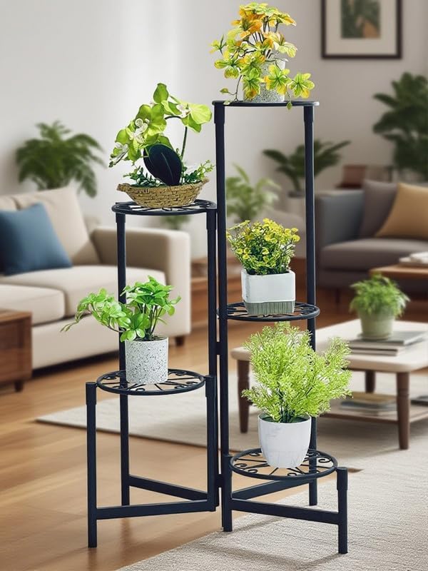 Plant Stand Indoor Outdoor, 5 Tier Corner Metal Flower Display Holder Stand, Folding Tall Plant Rack for Patio Balcony Porch Garden Living Room House, Heavy Duty Wrought Iron Plant Shelf - BlackS