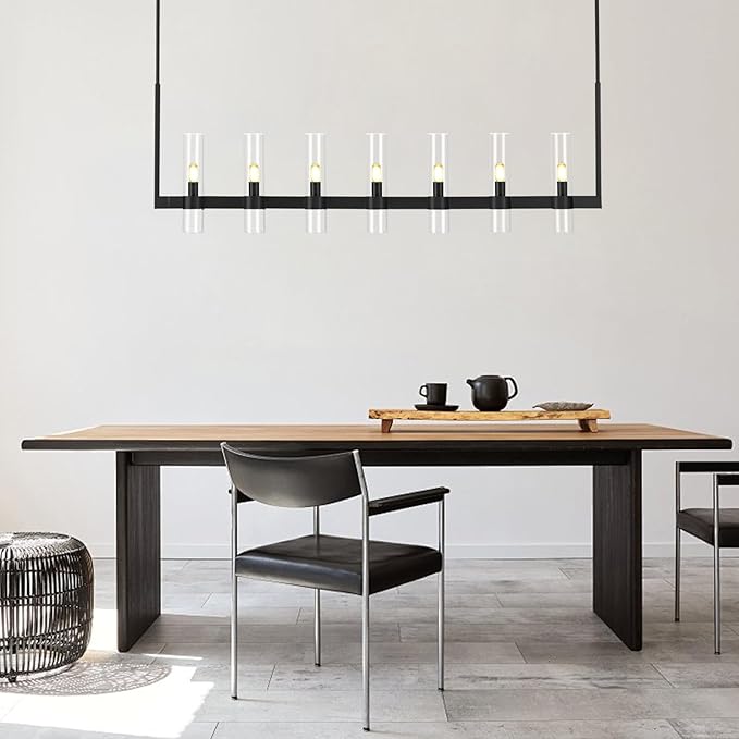 Modern Black Linear Chandelier 59 in,Linear Chandeliers for Dining Room 7 Light, Adjustable Rod Glass Linear Chandelier Over Dining Table, Kitchen Island, Includes Bulbs