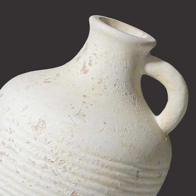 Sunddo White Ceramic Vase with Handles, Rustic Farmhouse Terracotta Small Vase, Pottery Decorative Flower for Home Decor, Table, Living Room, Bathroom, Shelf, Mantel Decor