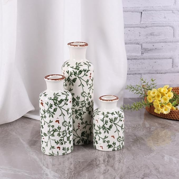 Green Chinoiserie Ceramic Vase Set of 3 – Vintage Green Floral Vases, Decorative Porcelain Vase Set for Flowers, Rustic Farmhouse & Cottage Core Home Decor, Living Room, Shelf & Table Centerpieces