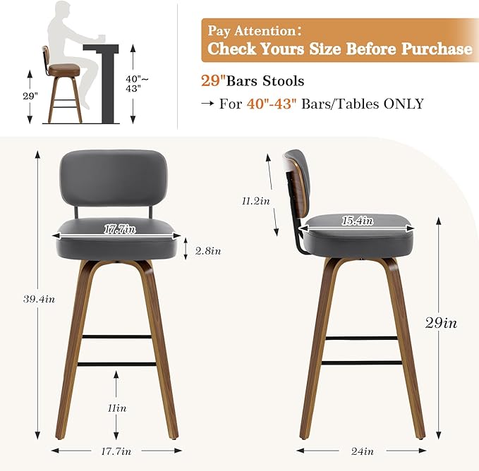 Swivel Bar Stools Set of 4, 29" Upholstered Faux Leather Barstools with Back and Bent Wood Legs, Mid Century Modern Bar Chair Island Stool for Kitchen Counter, Grey