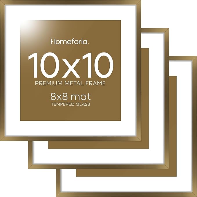 Homeforia 10x10 Picture Frame Bronze, High End Metal 10 by 10 Square Brass Frames with Mat 8 x 8 Photo, 10x10 Poster Frame Matted to 8x8 Art, Wall or Tabletop Frame, Tempered Glass, Wall Kit, Set of 3