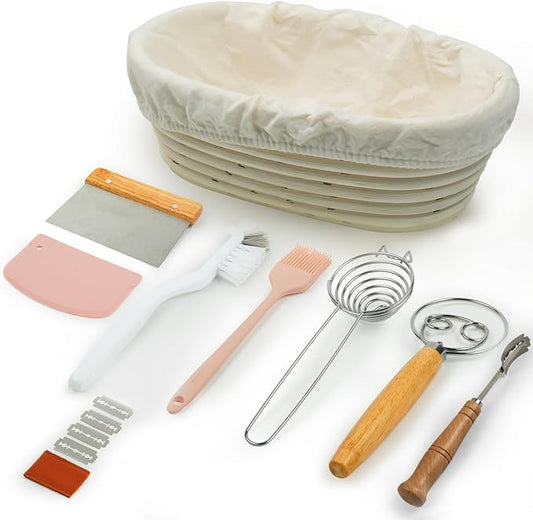 Banneton Proofing Basket Set Sourdough Starter Kit, 10" Oval Bread Dough Proofing Basket, Artisan Style Sourdough Bakers Baking Supplies Handmade Rattan Bread Making Tool for Home