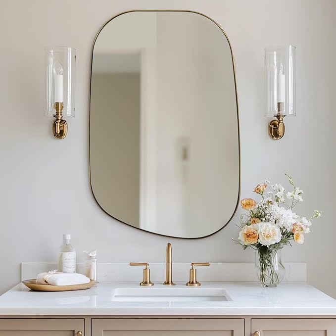 ANDY STAR 30"x40" Asymmetrical Wall Mirror，Brushed Gold Irregular Bathroom Mirror with Stainless Steel Metal Frame, Large Wall-Mounted Mirror for Bathroom, Entryway (Horizontal/Vertical)