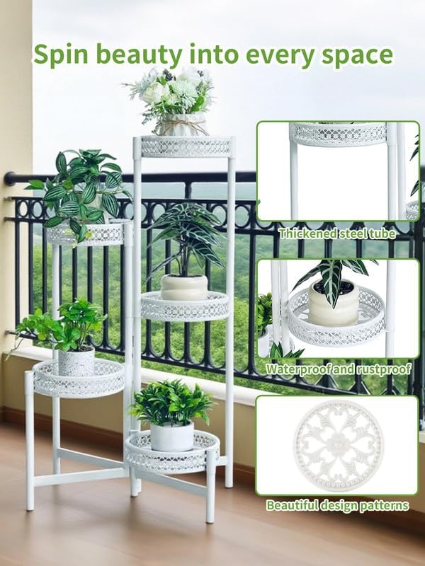 Metal Plant Stand Indoor Outdoor, 5 Tier Tall Flower Pot Holder Potted Display Rack Shelf, Heavy Duty Corner Plant Shelf for Patio Garden Balcony Living Room Bedroom - WhiteWave