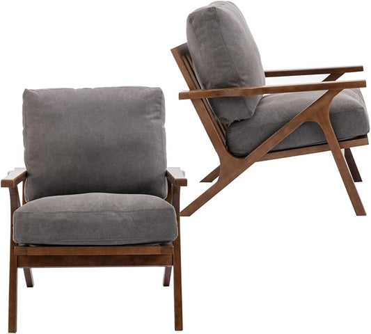 HNY Set of 2 Mid Century Accent Chair, Upholstered Armchair with Wood Frame and Canvas Cushions, Leisure Reading Chair Slipper Chair for Living Room, Bedroom, Gray