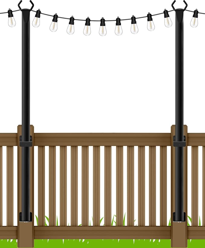 5Ft String Light Poles 2 Pack,Light Poles for Outside Lights,Outdoor with Fence Brackets Hanging Lights,Metal Stand Deck Patio Backyard