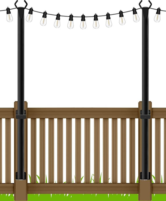 5Ft String Light Poles 2 Pack,Light Poles for Outside Lights,Outdoor with Fence Brackets Hanging Lights,Metal Stand Deck Patio Backyard