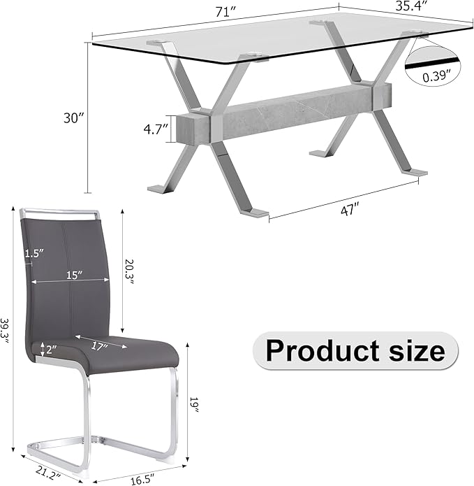 7 Piece Glass Dining Table Set, Kitchen Table Chairs Set for 6, 71'' Dining Table with 0.4" Tempered Glass Tabletop with Plated Metal Legs and MDF Crossbar, 6 PU Chairs for Dining Room, Kitchen.