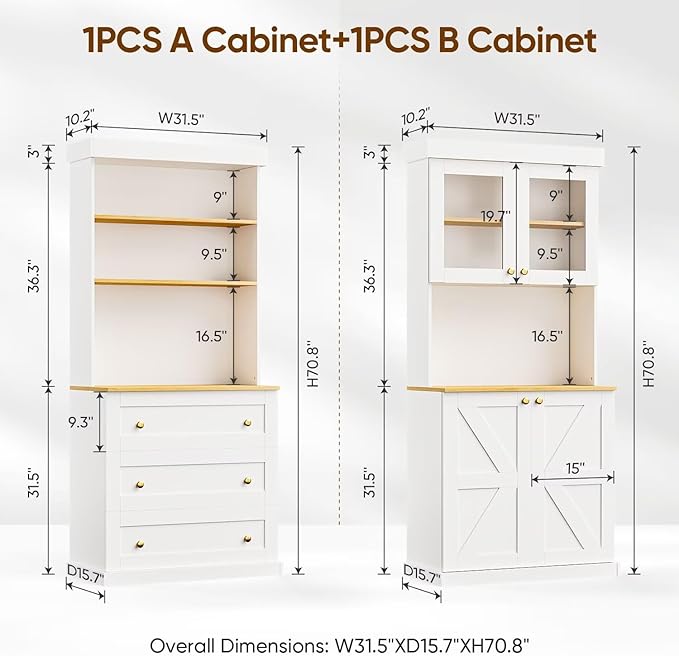 71" White Farmhouse Kitchen Pantry Cabinet Set of 2— Freestanding Coffee Bar with Glass Doors or Drawers, Microwave Stand, Large Storage Hutch with Adjustable Shelves for Kitchen, Living Room