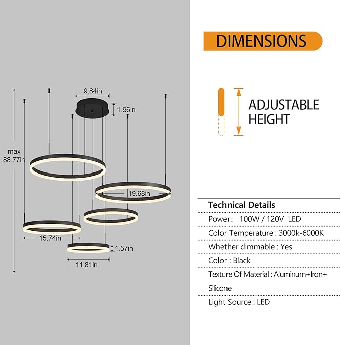 Modern Black Ring Chandelier LED Circle Geometric Pendant Light Dimmable 5 Rings Ceiling Light Fixtures High Ceiling Foyer Chandelier for Living Room Dining Room Bedroom