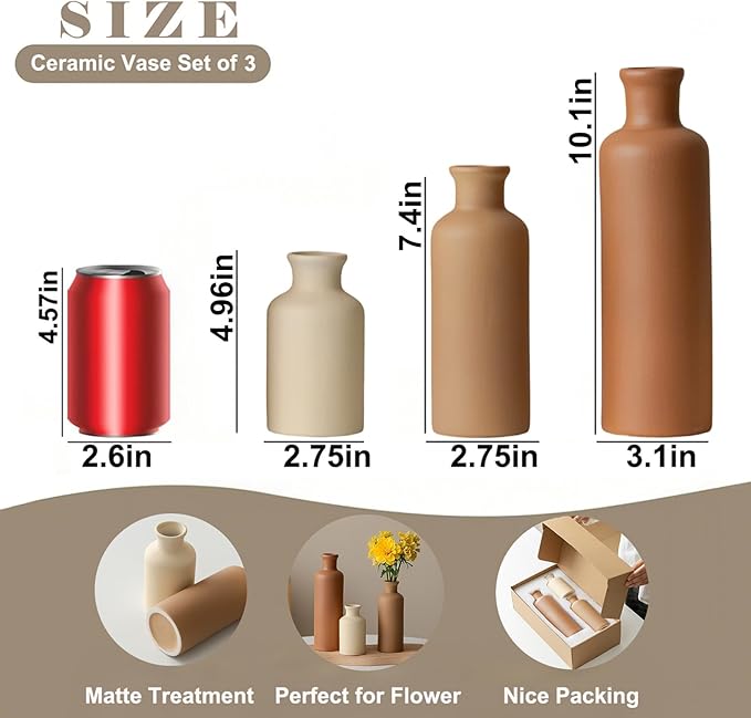 Modern Ceramic Vase Set of 3, Neutral Colors, Decorative Bottles for Home, Earth Tone Farmhouse Rustic Decor (Coffee Mix)
