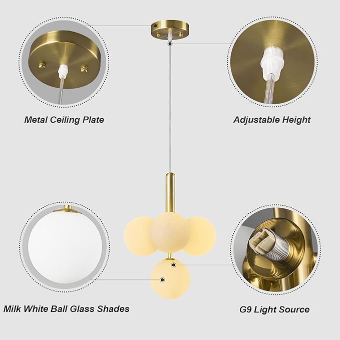 4 Light Globe Chandelier Mid Century Pendant Light with Milky White Glass Shade Modern Gold Sputnik Chandeliers for Dining Room Living Room Bedroom Kitchen Island