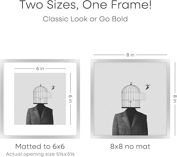 Homeforia 8x8 Silver Picture Frame, High End Metal 8 x 8 Square Frames with Mat 6 by 6 Photo, 8x8 Brass Frame Matted to 6x6 inch Print, 8by8 Wall or Tabletop Frames, Tempered Glass, Wall Kit, Set of 2
