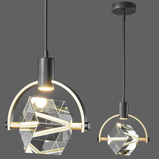 Pendant Ceiling Light Fixture for Kitchen Island, Dimmable Modern Integrated LED Hanging Light, Crystal Pendant Light in Black Gold Finish, Bedroom, Dining Room (1-Lights)