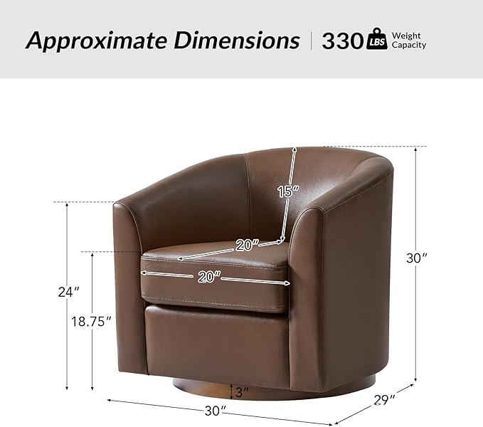 HULALA HOME Genuine Leather Swivel Accent Chair with Solid Wood Base, Round Swivel Barrel Chair for Living Room and Bedroom, Brown