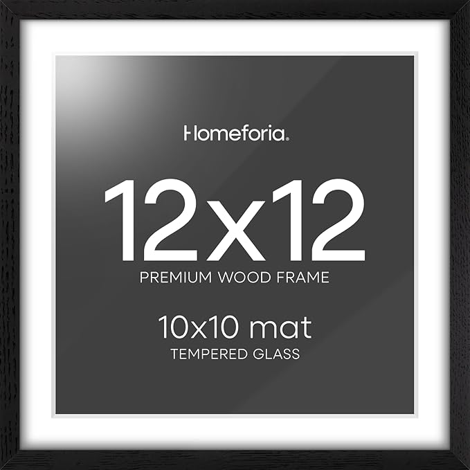 Homeforia 12x12 Black Wood Frame Matted to 10x10 Print, High End Oak 12 x 12 Square Picture Frame with Mat 10 x 10 for Photo, 12by12 Black Wooden Thin Poster Frames, Tempered Glass, Wall Kit, Set of 1