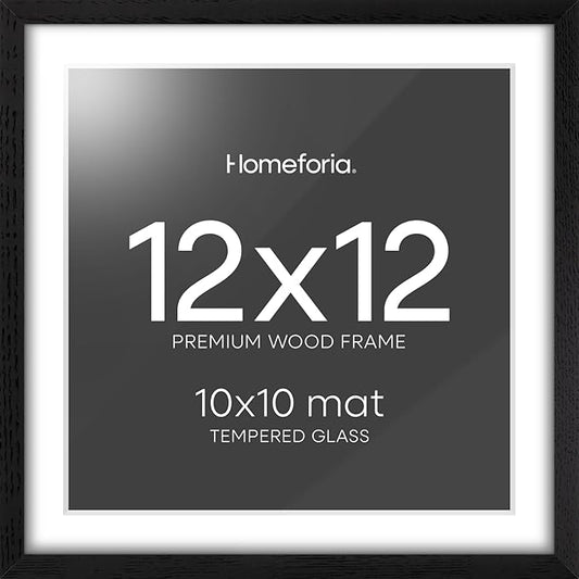 Homeforia 12x12 Black Wood Frame Matted to 10x10 Print, High End Oak 12 x 12 Square Picture Frame with Mat 10 x 10 for Photo, 12by12 Black Wooden Thin Poster Frames, Tempered Glass, Wall Kit, Set of 1