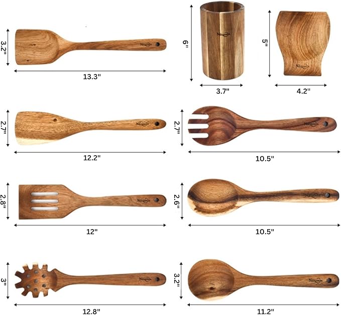NAZANIN 9-Piece Natural Acacia Wood Kitchen Utensil Set with Holder & Spoon Rest, Wooden Spoon Set for Nonstick Pans & Cookware, Durable, Lightweight, Heat Resistant, & Non-Scratch Cooking Spoons
