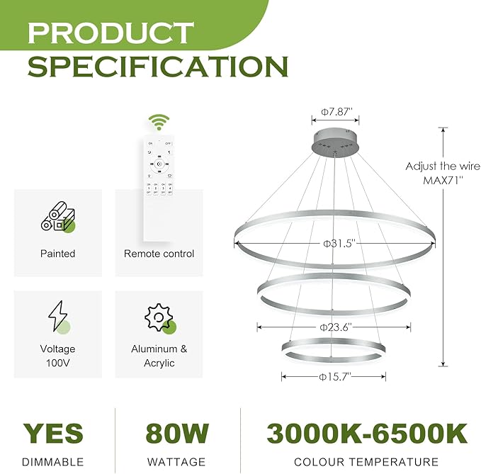 D31.5 3 Rings Modern LED Chandelier Silver Dimmable LED Pendant Light with Remote Control Circular Flush Mount High Ceiling Light for Dining Room Living Room Bedroom Foyer(3000K-6500K, H71)