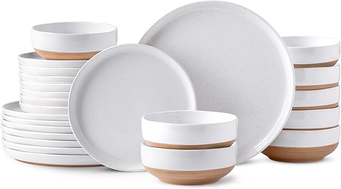 AmorArc Ceramic Dinnerware Sets for 8, 24 Pieces Handpainted Plates and Bowls Set with Rustic Terracotta Underside, Scratch Resistant Stoneware Dishes Set, Dishwasher & Microwave Safe, White