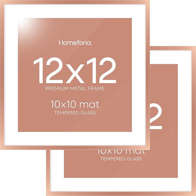 Homeforia 12x12 Picture Frame Rose Gold, High End Metal 12 x 12 Square Poster Frame with Mat 10 x 10 Photo, 12x12 Frame Matted to 10x10 Print, 12by12 Hanging Frames, Tempered Glass, Wall Kit, Set of 2