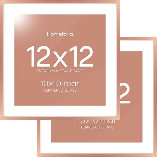 Homeforia 12x12 Picture Frame Rose Gold, High End Metal 12 x 12 Square Poster Frame with Mat 10 x 10 Photo, 12x12 Frame Matted to 10x10 Print, 12by12 Hanging Frames, Tempered Glass, Wall Kit, Set of 2