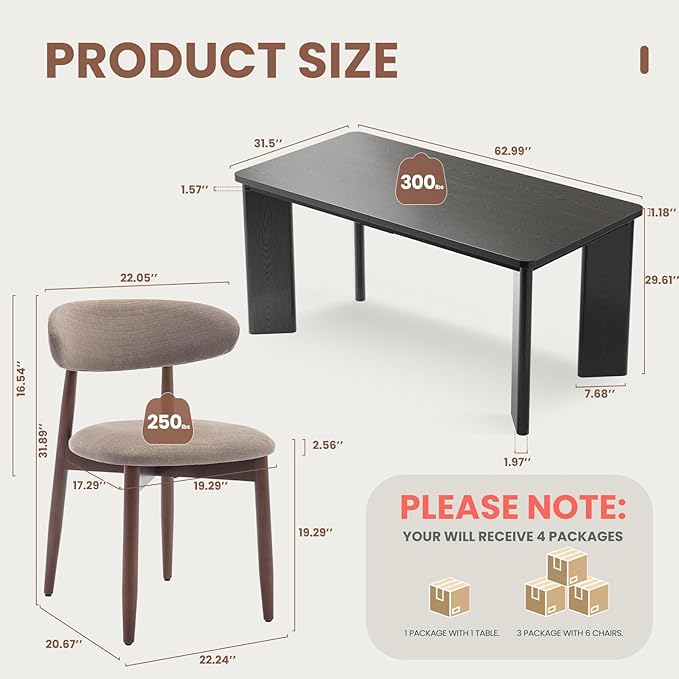 7-Piece Rectangular Dining Table Set for 6, 63" Industrial Kitchen Table with 6 Wooden Upholstered Dinner Chairs for Dining Room, Kitchen, Living Room, Black+Camel
