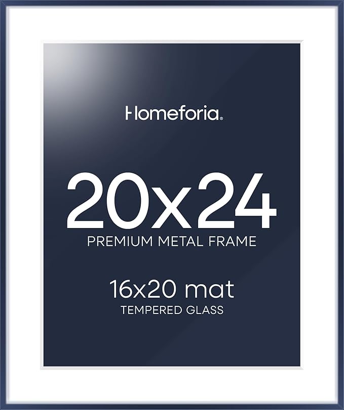 Homeforia 20x24 Frame Navy Blue, High End Metal 20x24 Poster Frames with Mat 16x20 inch Photo, 20 x 24 Navy Blue Picture Frame Matted to 16 by 20 Print, 24x20 Frame, Tempered Glass, Wall Kit, Set of 1