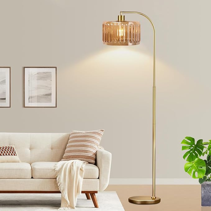 Gold Floor Lamp for Living Room,Bedroom,Mid Century Modern Standing Lamp with Remote,Dimmable Brass Tall Lamp Glass Lamp Vintage Retro Arc Floor Lamps Flower Floor Light Boho Bohemian