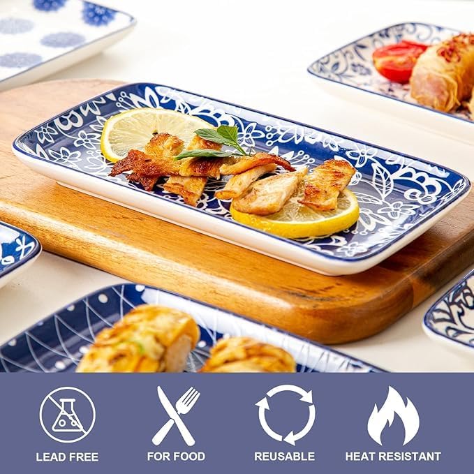 Rectangle Serving Platter Set - 8 Inch Ceramic Dinner Plates Rectangular Serving Trays for Sushi Salad Dessert Pasta Appetizer - Oven Microwave Dishwasher Safe - Set of 6 - Vintage Blue