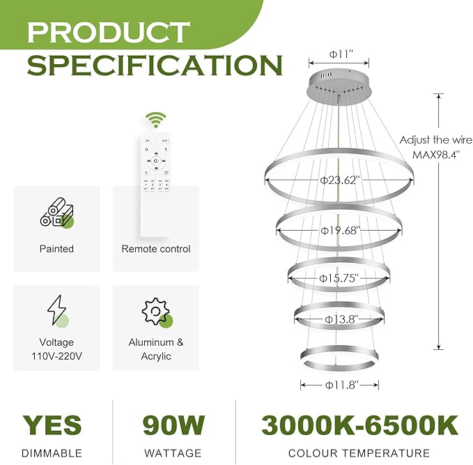 5-Rings Modern LED Chandelier Silver High Ceiling Chandelier with Remote Control Dimmable Pendant Lighting for Dining Room Foyer Living Room Entryway Staircase(3000K-6500K, D23.6’’)