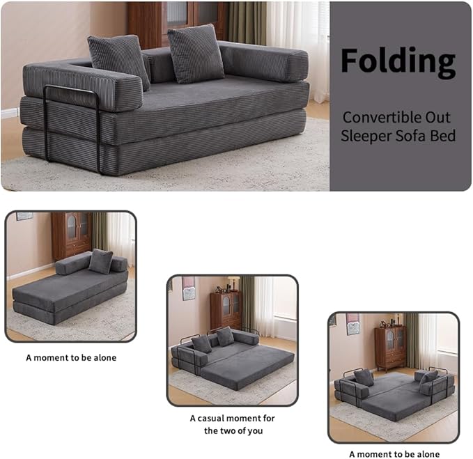 Convertible Folding Mattress Couch, Floor Sofa Bed with Fixed-Shape Frame, Corduroy Floor Sofa with Armrest, Floor Sofa Lounge Couch for Living Room Bedroom Lounge Studio-Dark Grey
