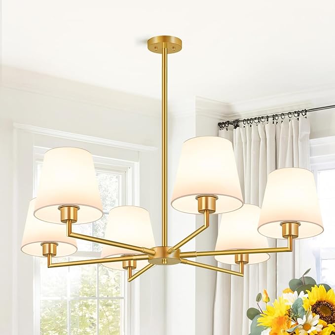 36" Gold Chandelier for Dining Room Light Fixture (6-Light, 36-Inch), Adjustable Linear Gold Dining Room Chandelier with White Fabric Shade, Linear Pendant Light Fixture for Kitchen Bulb Not Included