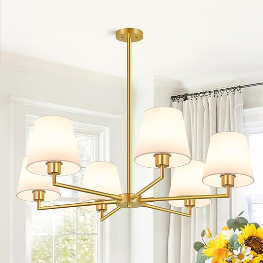 36" Gold Chandelier for Dining Room Light Fixture (6-Light, 36-Inch), Adjustable Linear Gold Dining Room Chandelier with White Fabric Shade, Linear Pendant Light Fixture for Kitchen Bulb Not Included