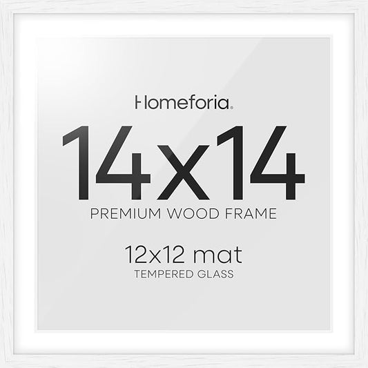 Homeforia 14x14 White Picture Frame, High End Oak 14 x 14 Square Wood Frames with Mat 12 by 12 inches Photo, 14by14 White Wooden Poster Frames Matted to 12x12 Print, Tempered Glass, Wall Kit, Set of 1