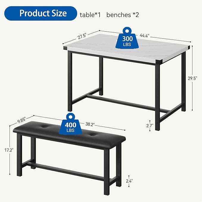 GarveeHome Dining Table Set for 4, Kitchen Table with 2 Upholstered Benches, Wood Kitchen Dining Room Set, for Small Space, Apartment, Home, Dinner, Marble White