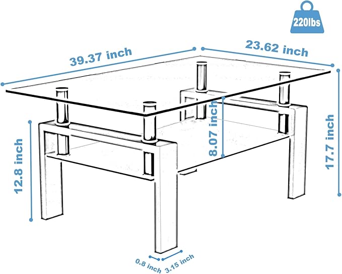 Tempered Glass Coffee Table, Modern 2 Tiers Clear Coffee Table, Size 39.37" x 23.62" (White)