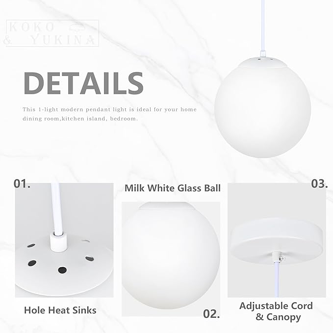 KoKo&Yukina 10 Inch Pendant Light White Globe Pendant Lights Kitchen Island Mid Century Light Fixture Adjustable Globe Cluster Lights with Milky White Glass Shade for Dining Room Living Room