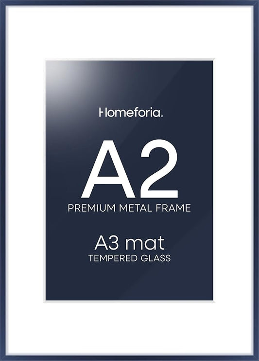 Homeforia A2 Poster Frame Navy Blue, High End Metal A2 Picture Frame Navy Blue with Mat A3 for Print, 16.5x23.4 Frame Matted to 11.7x16.5 Photo, 16.5 by 23.5 Frames, Tempered Glass, Wall Kit, Set of 1