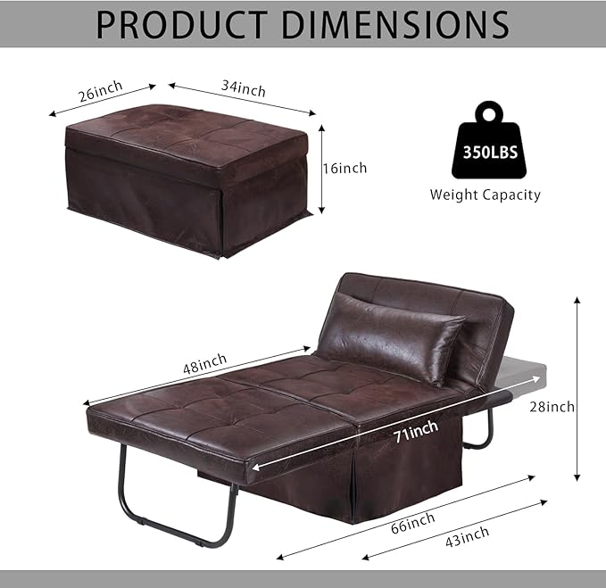 BIGSYY Sofa Bed, 4 in 1 Multi-Function Folding Ottoman Breathable Linen Couch Bed with Adjustable Backrest Modern Convertible Chair for Living Room Apartment Office, PU Imitation, Brown